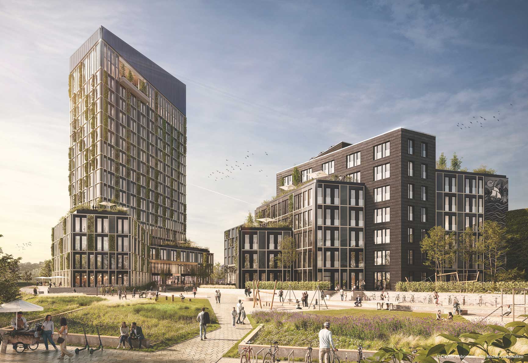 Kesselborn Campus, Rostock - Sky-Deck, Office-Deck | Vollack Architekten, NAK Architekten, LH Architekten, ST raum a. Landschaftsarchitekten für NEXT Generation Invest | 2025 Projektvisualisierung, Kooperation mit mojoimages